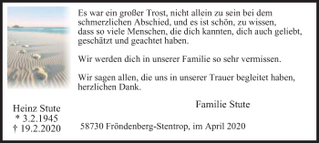 Traueranzeige von Heinz Stute von WVW Anzeigenblätter