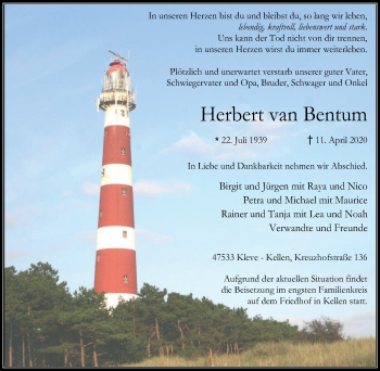 Traueranzeige von Herbert van Bentum von WVW Anzeigenblätter