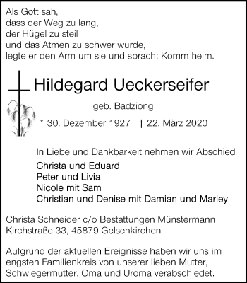 Traueranzeige von Hildegard Ueckerseifer von WVW Anzeigenblätter