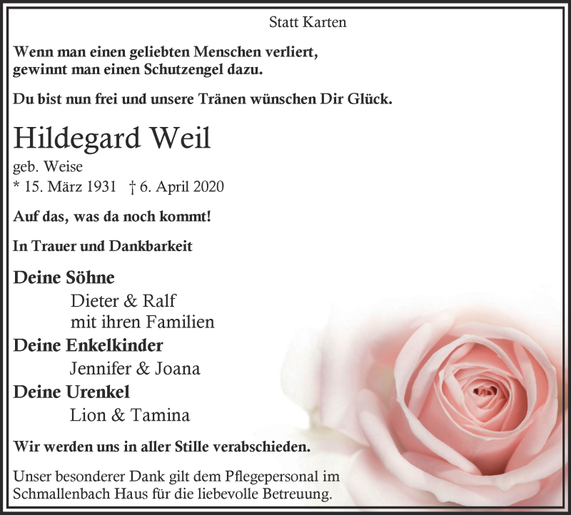  Traueranzeige für Hildegard Weil vom 11.04.2020 aus WVW Anzeigenblätter