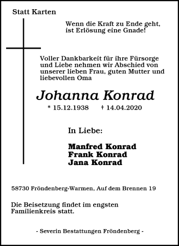 Traueranzeige von Johanna Konrad von WVW Anzeigenblätter