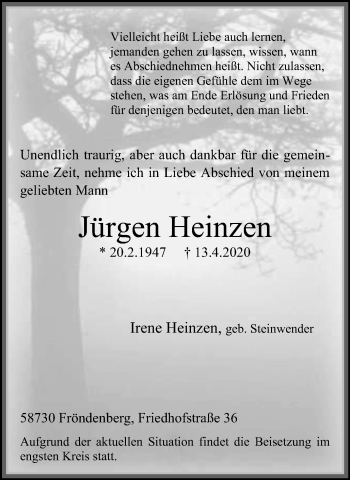 Traueranzeige von Jürgen Heinzen von WVW Anzeigenblätter