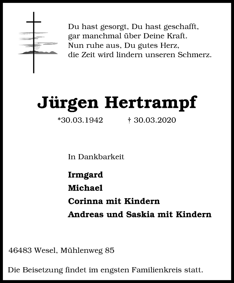  Traueranzeige für Jürgen Hertrampf vom 08.04.2020 aus WVW Anzeigenblätter