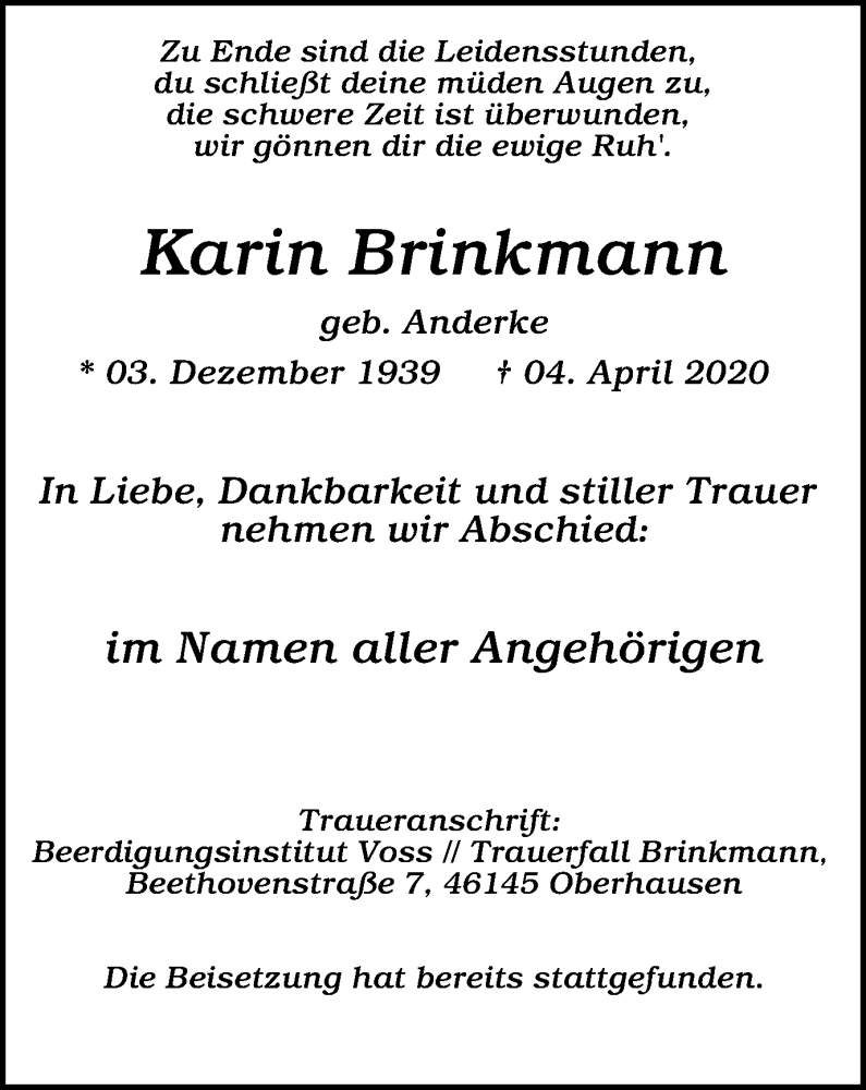  Traueranzeige für Karin Brinkmann vom 18.04.2020 aus WVW Anzeigenblätter