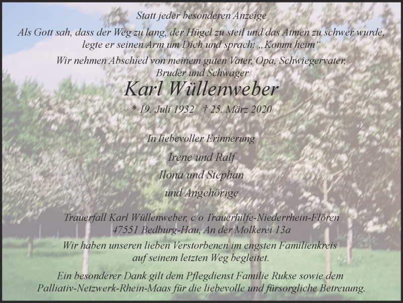  Traueranzeige für Karl Wüllenweber vom 01.04.2020 aus WVW Anzeigenblätter