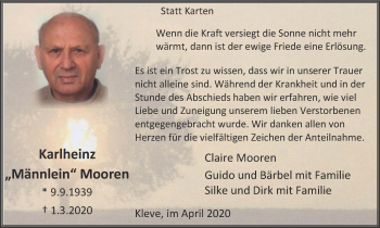 Traueranzeige von Karlheinz Mooren von WVW Anzeigenblätter