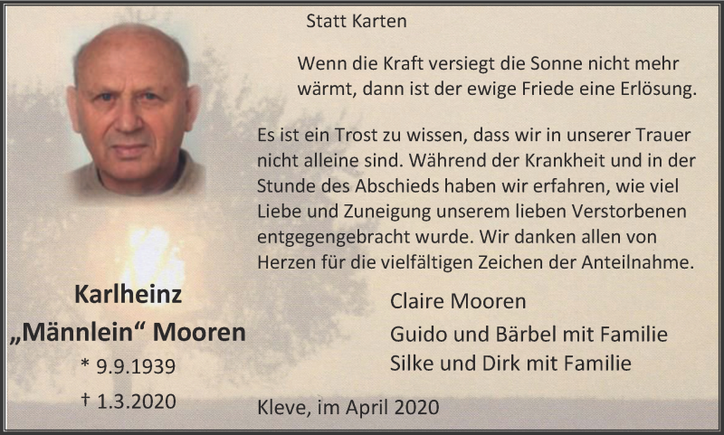  Traueranzeige für Karlheinz Mooren vom 18.04.2020 aus WVW Anzeigenblätter