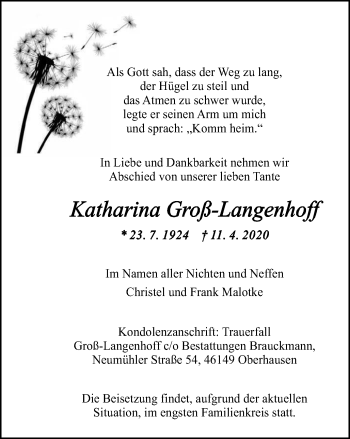 Traueranzeige von Katharina Groß-Langenhoff von WVW Anzeigenblätter