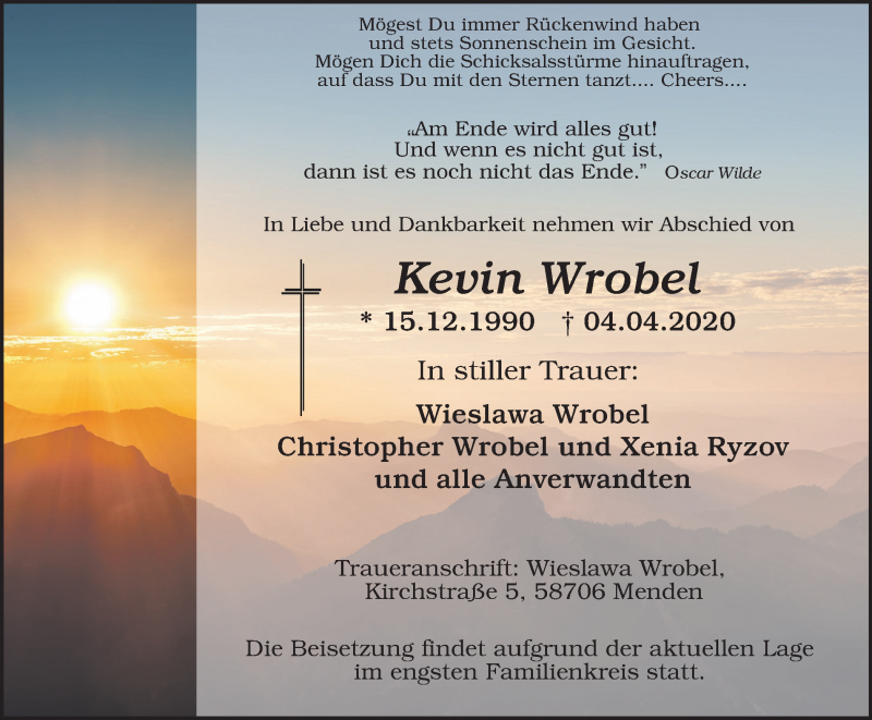  Traueranzeige für Kevin Wrobel vom 18.04.2020 aus WVW Anzeigenblätter