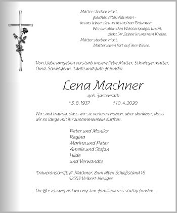 Traueranzeige von Lena Machner von WVW Anzeigenblätter