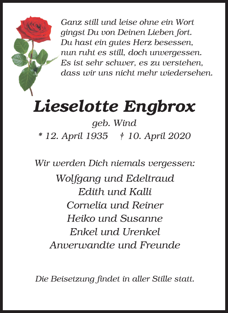  Traueranzeige für Lieselotte Engbrox vom 22.04.2020 aus WVW Anzeigenblätter