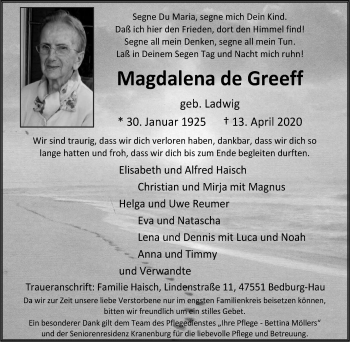 Traueranzeige von Magdalena de Greeff von WVW Anzeigenblätter