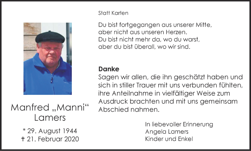  Traueranzeige für Manfred Lamers vom 25.04.2020 aus WVW Anzeigenblätter