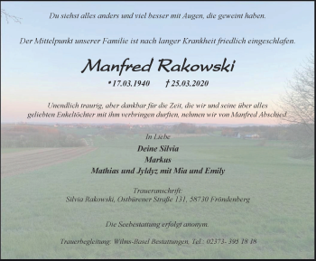 Traueranzeige von Manfred Rakowski von WVW Anzeigenblätter
