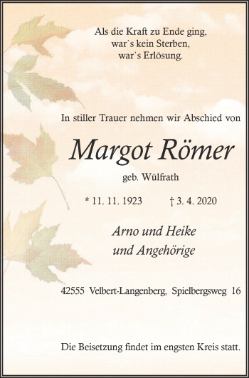 Traueranzeige von Margot Römer von WVW Anzeigenblätter