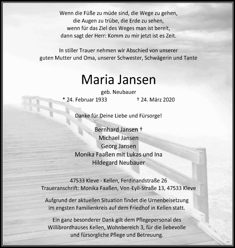  Traueranzeige für Maria Jansen vom 04.04.2020 aus WVW Anzeigenblätter