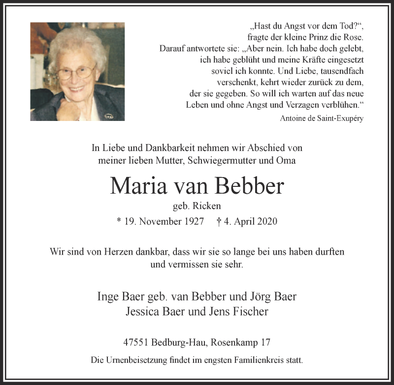 Traueranzeige für Maria van Bebber vom 11.04.2020 aus WVW Anzeigenblätter