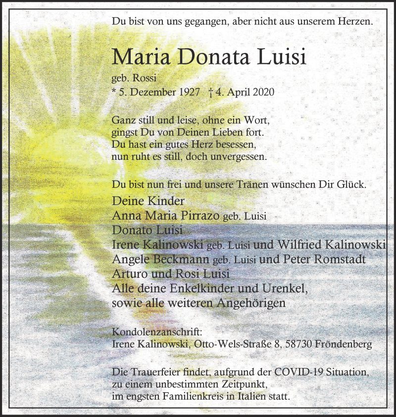  Traueranzeige für Maria Donata Luisi vom 11.04.2020 aus WVW Anzeigenblätter