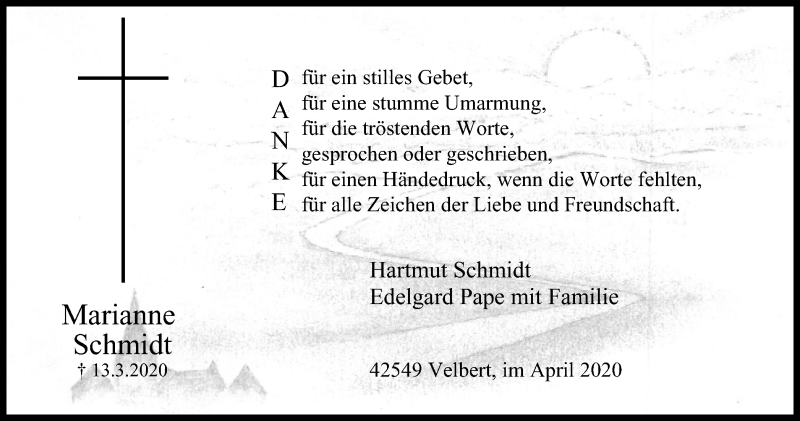  Traueranzeige für Marianne Schmidt vom 25.04.2020 aus WVW Anzeigenblätter