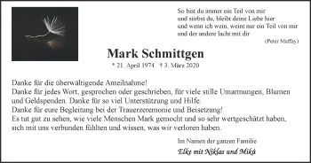 Traueranzeige von Mark Schmittgen von WVW Anzeigenblätter