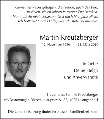 Traueranzeige von Martin Kreutzberger von WVW Anzeigenblätter