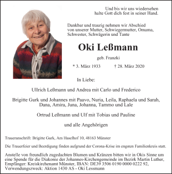 Traueranzeige von Oki Leßmann von WVW Anzeigenblätter