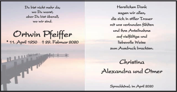 Traueranzeige von Ortwin Pfeiffer von WVW Anzeigenblätter