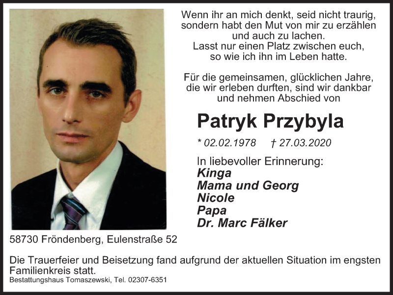  Traueranzeige für Patryk Przybyla vom 08.04.2020 aus WVW Anzeigenblätter