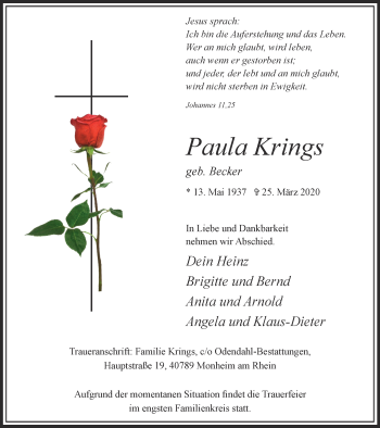 Traueranzeige von Paula Krings von WVW Anzeigenblätter