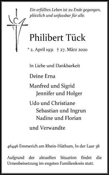 Traueranzeige von Philibert Tück von WVW Anzeigenblätter