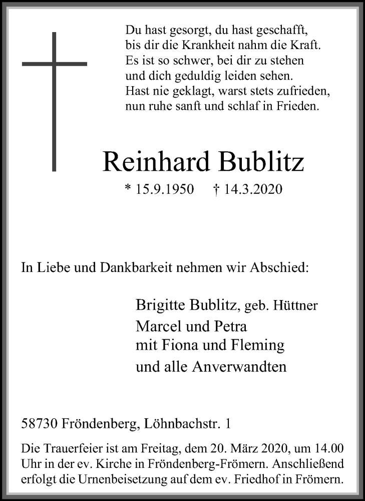  Traueranzeige für Reinhard Bublitz vom 18.04.2020 aus WVW Anzeigenblätter