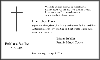Traueranzeige von Reinhard Bublitz von WVW Anzeigenblätter