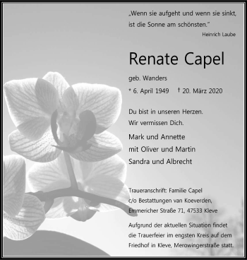 Traueranzeige von Renate Capel von WVW Anzeigenblätter