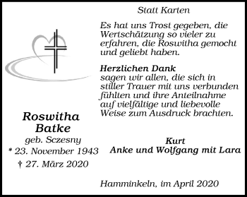 Traueranzeige von Roswitha Batke von WVW Anzeigenblätter