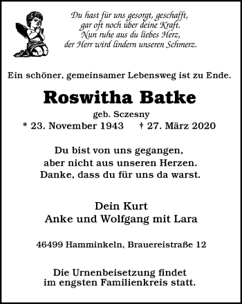 Traueranzeige von Roswitha Batke von WVW Anzeigenblätter