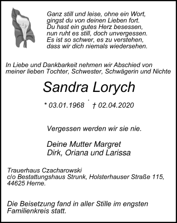 Traueranzeige von Sandra Lorych von WVW Anzeigenblätter