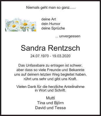 Traueranzeige von Sandra Rentzsch von WVW Anzeigenblätter