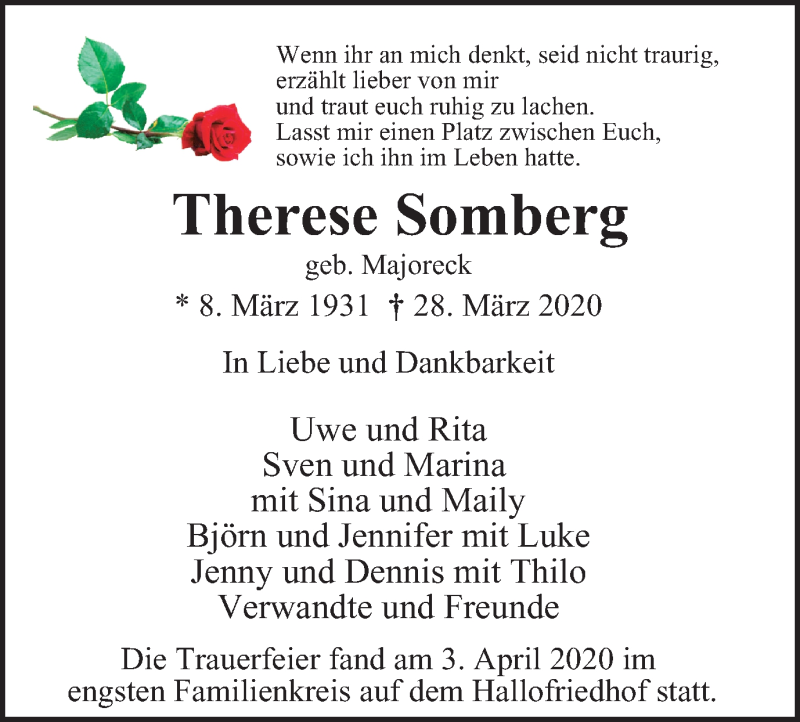  Traueranzeige für Therese Somberg vom 08.04.2020 aus WVW Anzeigenblätter