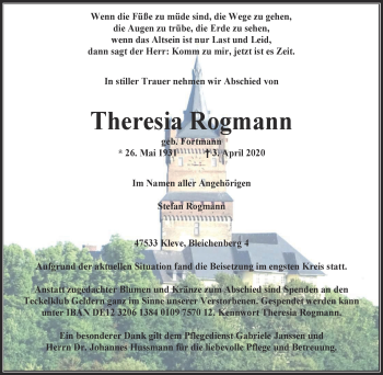 Traueranzeige von Theresia Rogmann von WVW Anzeigenblätter