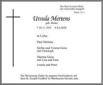 Traueranzeige von Ursula Mertens von WVW Anzeigenblätter