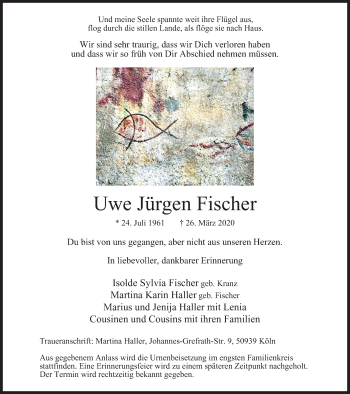Traueranzeige von Uwe Jürgen Fischer von WVW Anzeigenblätter