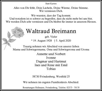Traueranzeige von Waltraud Breimann von WVW Anzeigenblätter