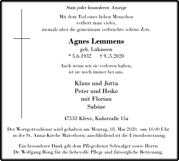 Traueranzeige von Agnes Lemmens von WVW Anzeigenblätter