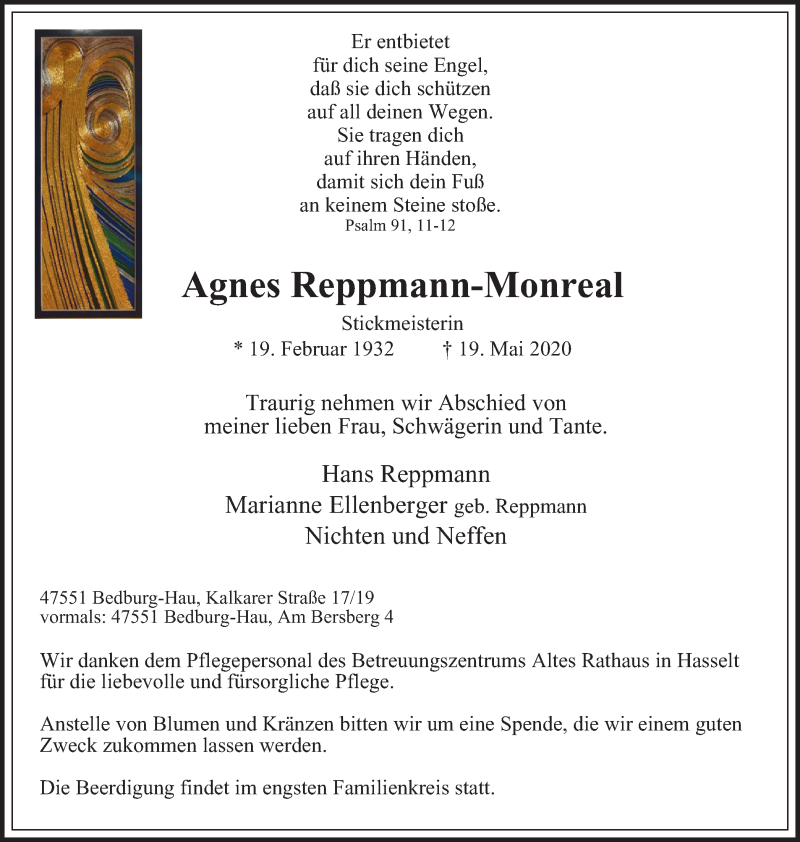  Traueranzeige für Agnes Reppmann-Monreal vom 27.05.2020 aus WVW Anzeigenblätter