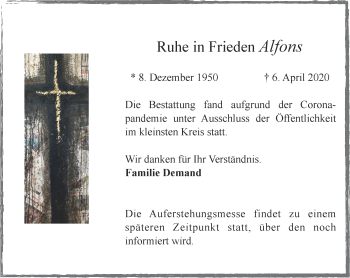 Traueranzeige von Alfons Rinsche von WVW Anzeigenblätter