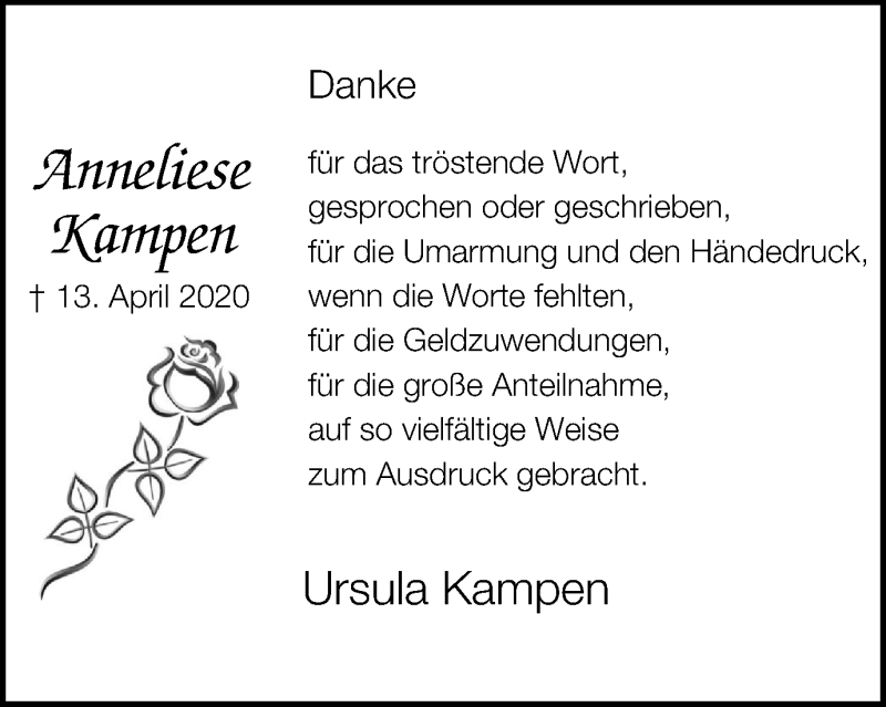  Traueranzeige für Anneliese Kampen vom 16.05.2020 aus WVW Anzeigenblätter