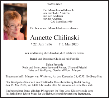 Traueranzeige von Annette Chilinski von WVW Anzeigenblätter
