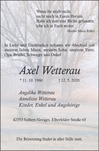 Traueranzeige von Axel Wetterau von WVW Anzeigenblätter