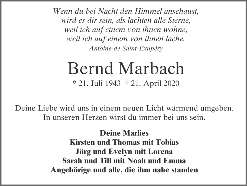  Traueranzeige für Bernd Marbach vom 16.05.2020 aus WVW Anzeigenblätter