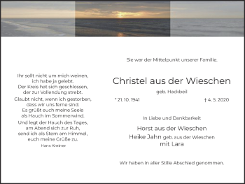 Traueranzeige von Christel aus der Wieschen von WVW Anzeigenblätter
